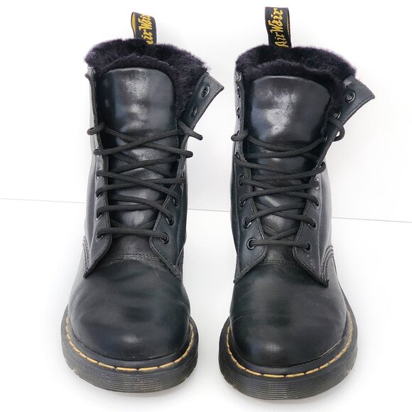 DR. MARTENS Serena Black Faux Fur Lined Combat Boots Black Women's - Picture 1 of 9